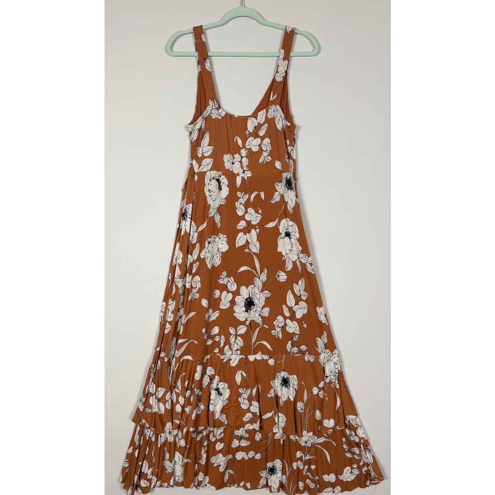 Anthropologie Ruffled Floral Midi Dress Brown Motif Medium Faux Wrap Resortwear - Picture 9 of 12